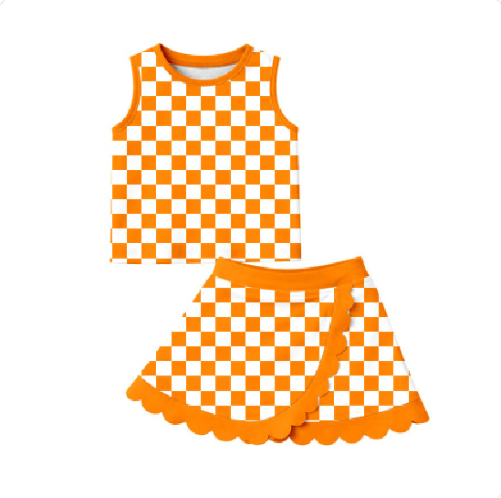 (Pre Order) No moq GSD4252 Baby Girls Orange Check Plaid Sleeveless Vest Scallop Hem Skirt Yoga Active Clothes Set