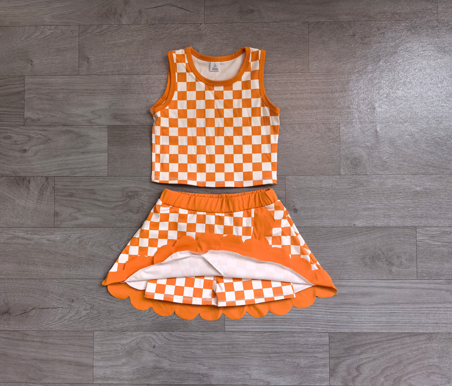 (Sample) No moq yoga fabric GSD4252 Baby Girls Orange Check Scallop Edge Vest Skort Active Sets