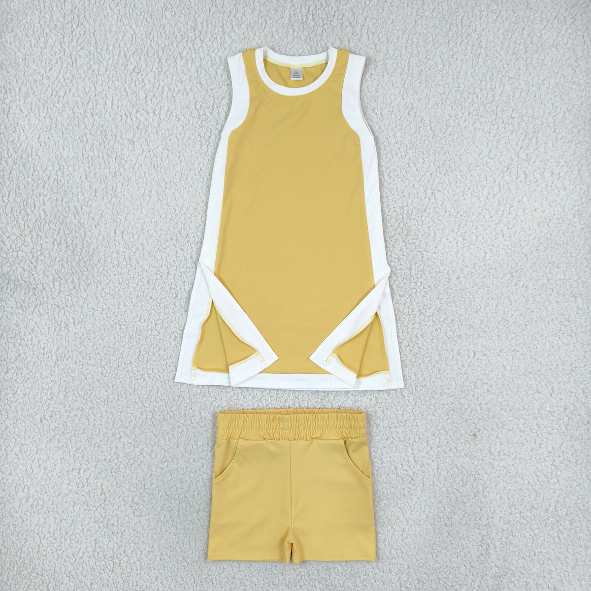 NEW RTS NO MOQ yoga fabric cotton GSD4254+SS0959 Yoga Separate Shorts Baby Girls Yellow Sleeveless Top Split Hem Short Yoga Skirt Set