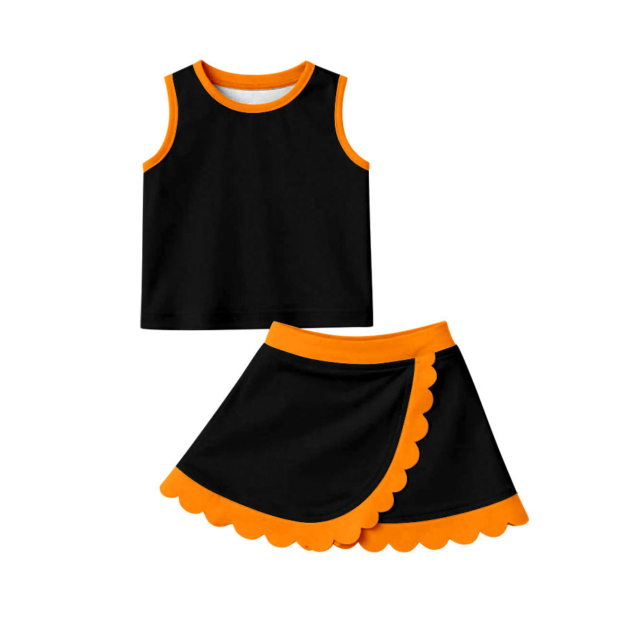 (Preorder new) No moq GSD4259 Yoga Baby Girls Block Orange Black Scallop Edge Vest Short Skirt Active Outfit Sets