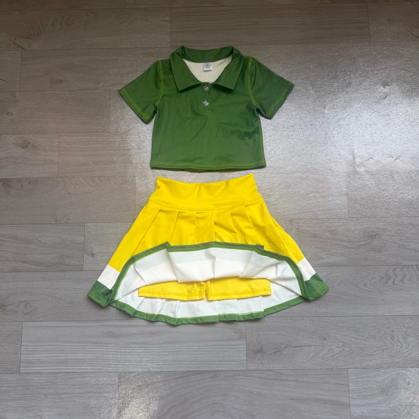 (Sample) No moq yoga fabric cotton GSD4261 Yoga Baby Girls Solid Green Lapel Button Polo Elastic Waist Pleated Skort Two Piece Athletic Outfit
