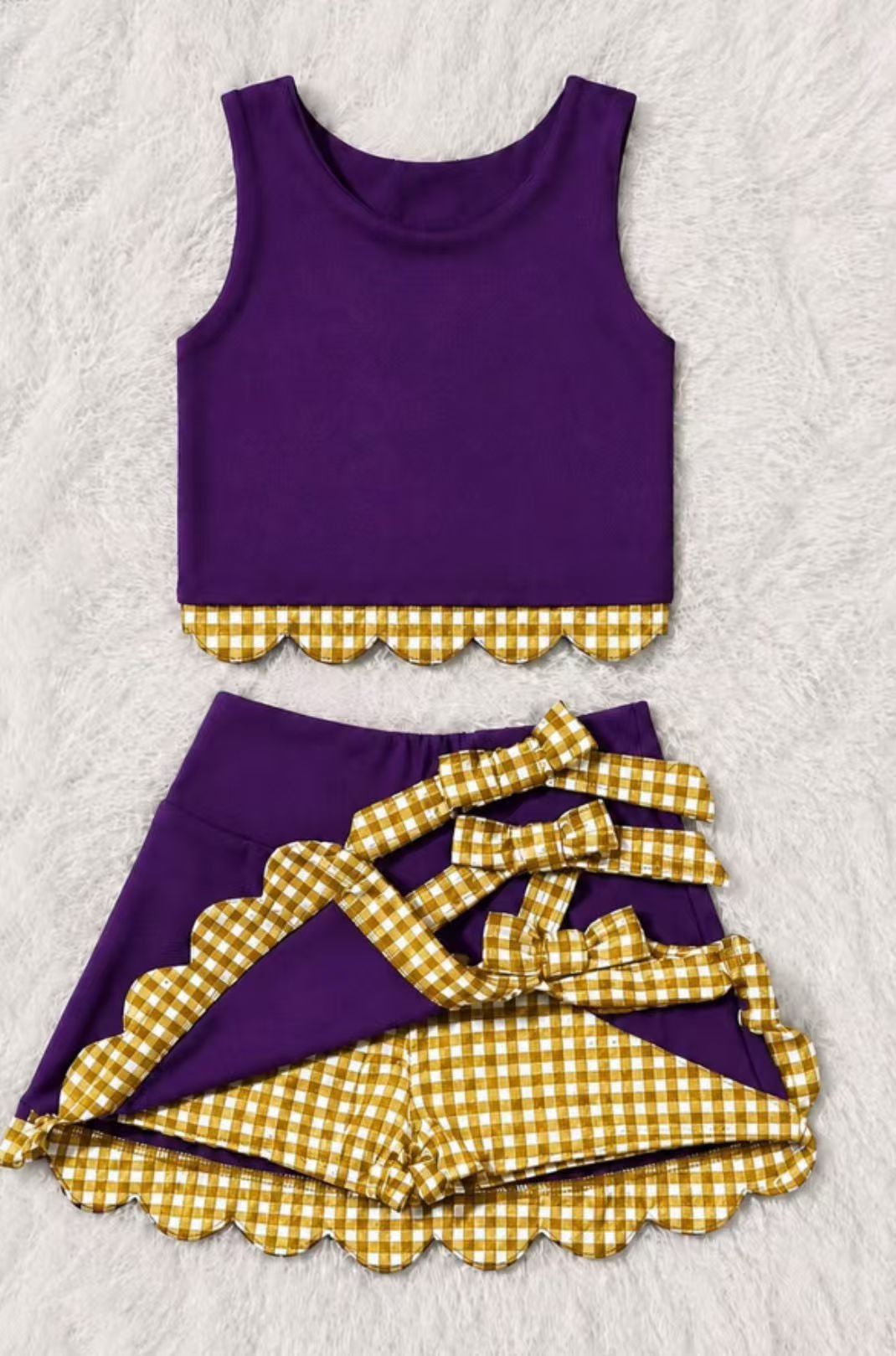 (Preorder new) No moq GSD4267 Yoga Baby Girls Purple Yellow Vest Bows Skirt Short Yoga Active Scallop Clothes Set