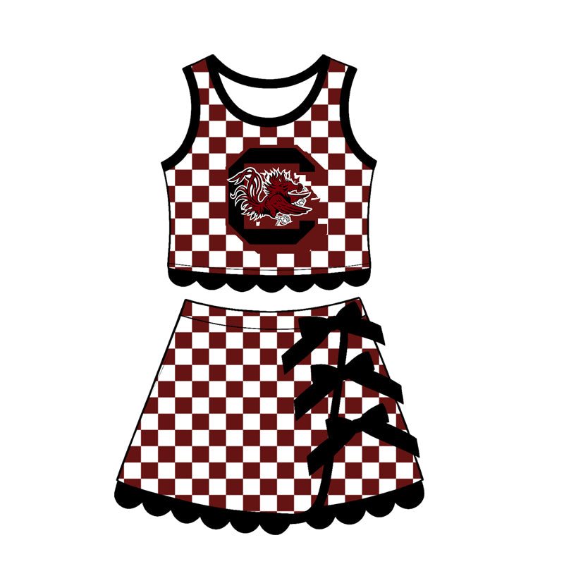 (Preorder new) No moq Baby Girls Checked Print Bow Top Scallop Hem Short Skirt Clothes Set