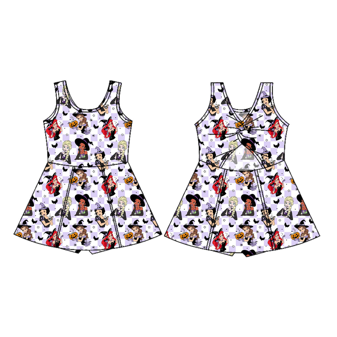 (Preorder new) No moq GSD4290 Yoga Baby Girls Purple Checked Halloween Sleeveless Knee Length Yoga Athletic Dress