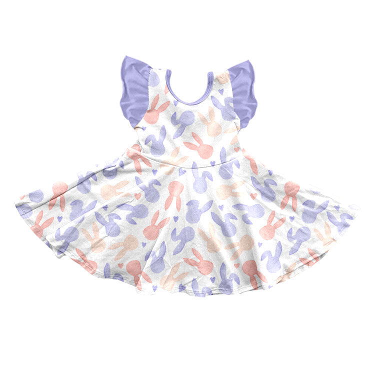 (Preorder new) No moq Baby Girls Pink Easter Egg Bow Print Flutter Sleeve Twirl Swing Dress