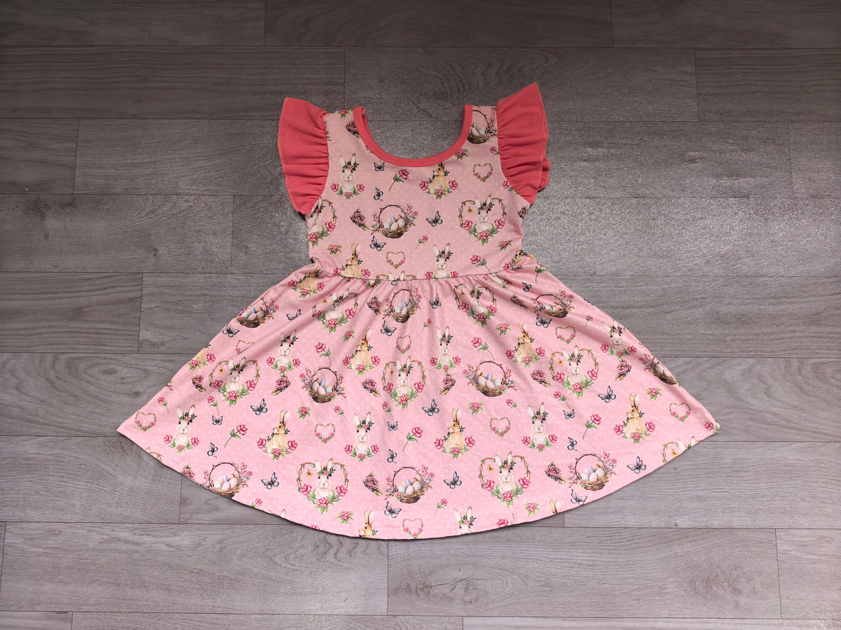 (Sample) No moq milk silk GSD4336 Baby Girls Pink Easter Bunny Butterfly Egg Nest Flutter Sleeve Twirl Dress