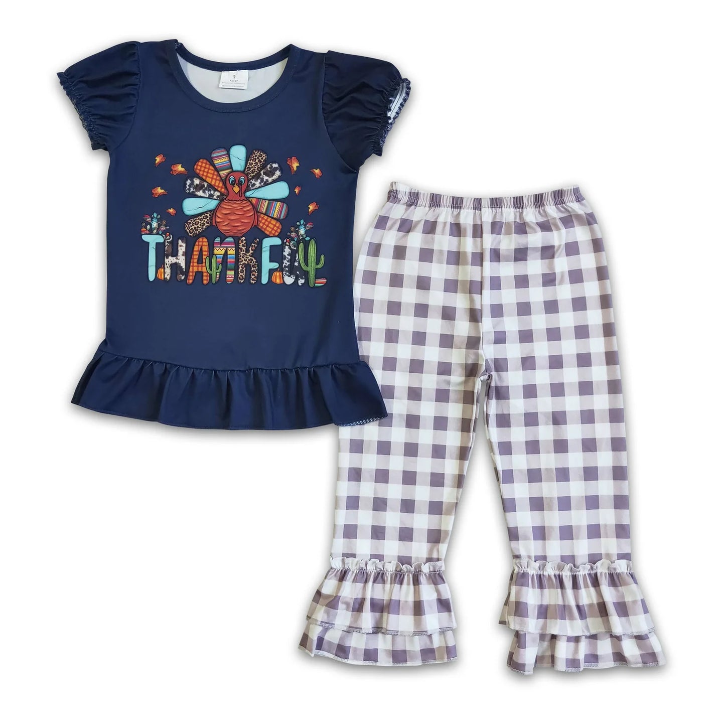 RTS NO MOQ Sibling milk silk Baby Girls Cute Thanksgiving Pies Print Top Ruffle Pants Two Piece Clothing Sets