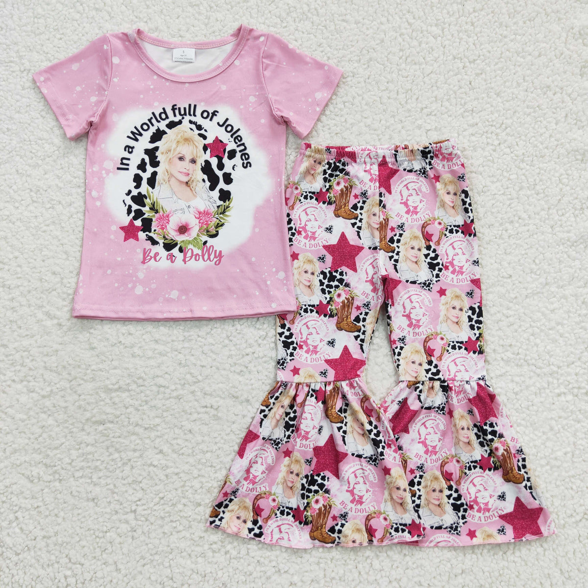 GSPO0719 girls cow print pink short-sleeved trouser suit