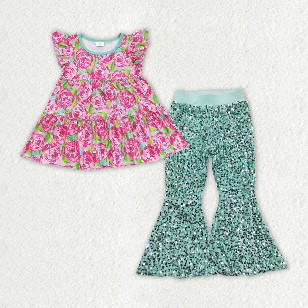 GT0475+P0109 Flower teal flying sleeve top teal sequined pants