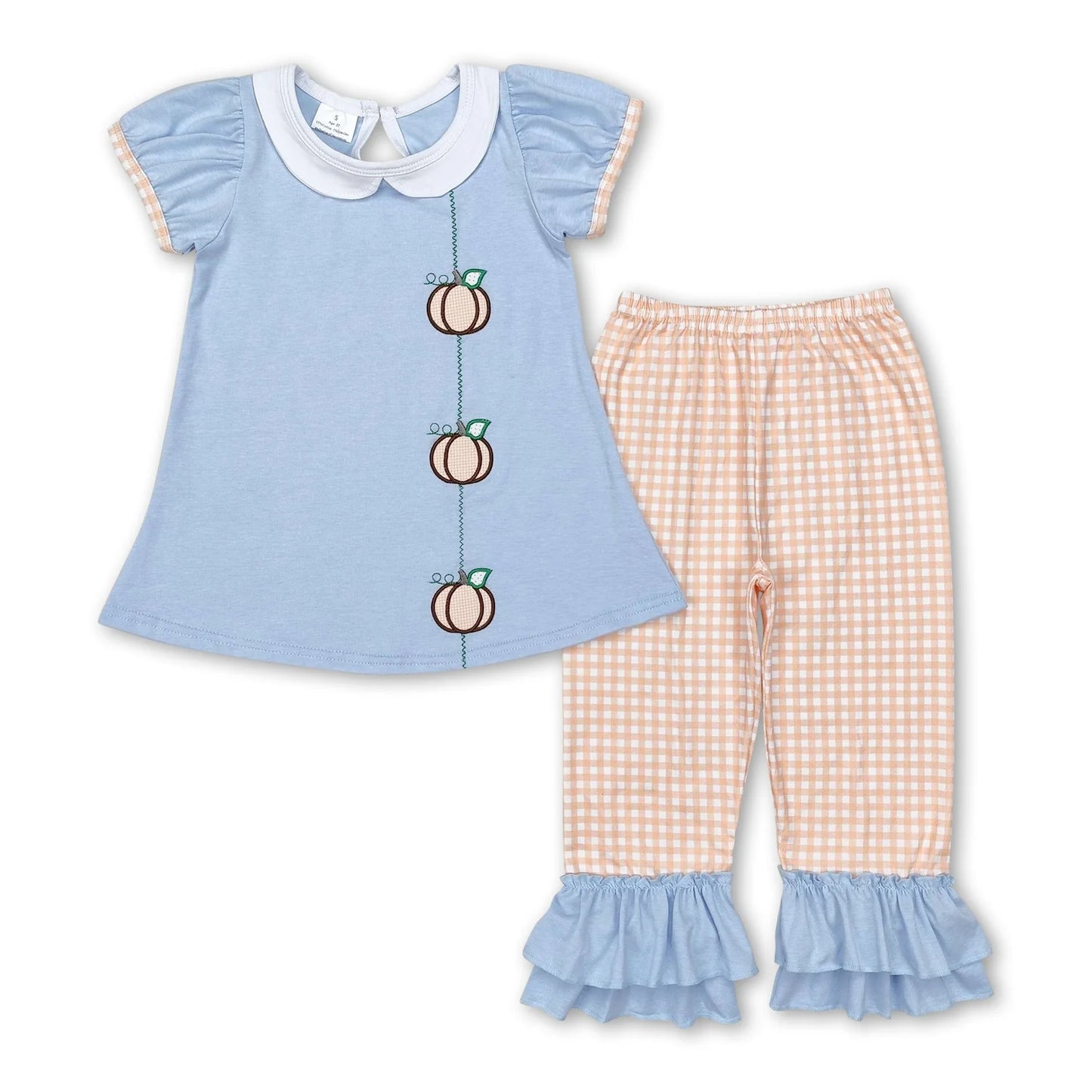 RTS NO MOQ Sibling milk silk Baby Girls And Boys Embroidery Blue Pumpkin Tunic Top Ruffle Hem Pants Two Piece Fall Sets Rompers