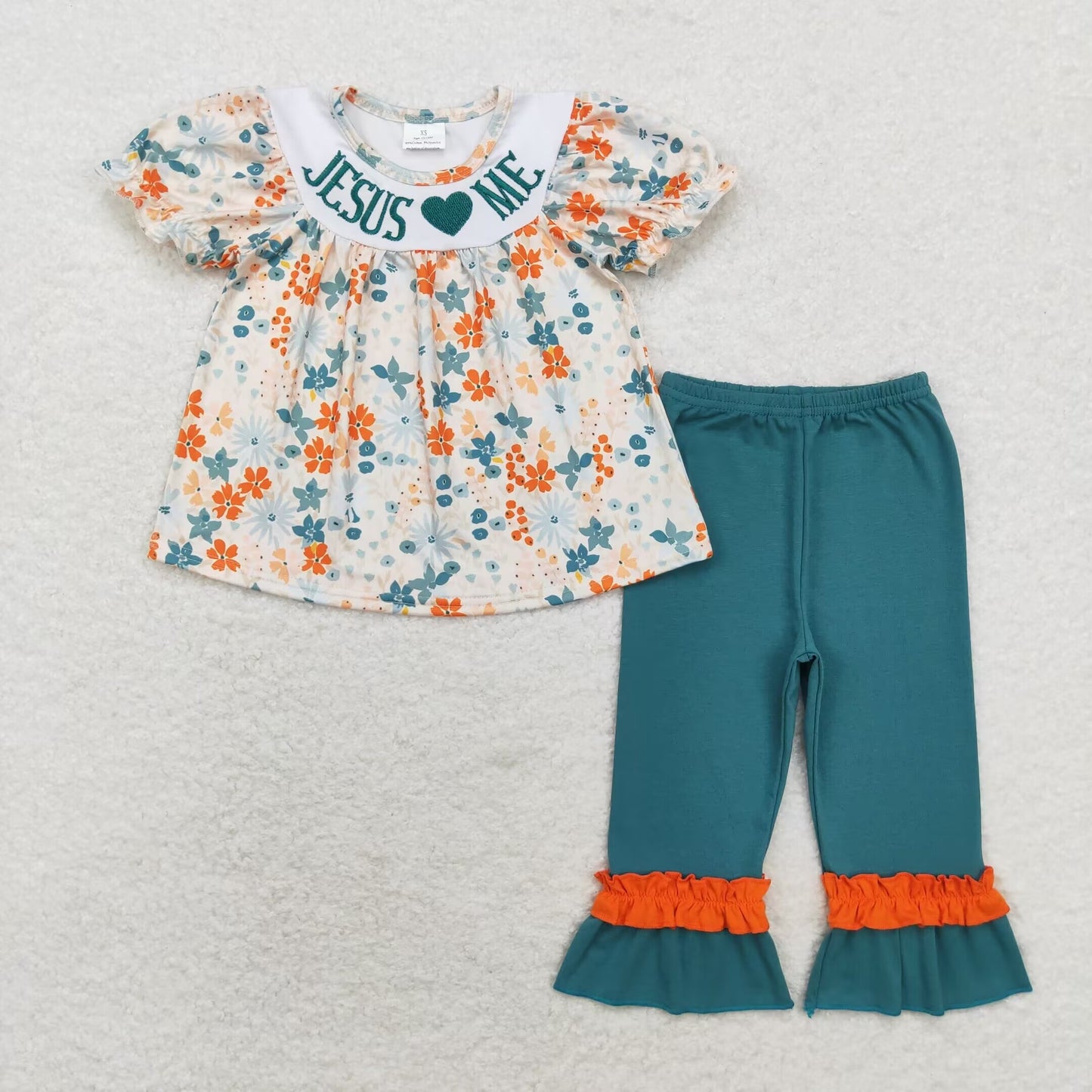 RTS NO MOQ(In Stock) GSPO1659 jesus love me Embroidered Flower Short Sleeve Green Pants Set
