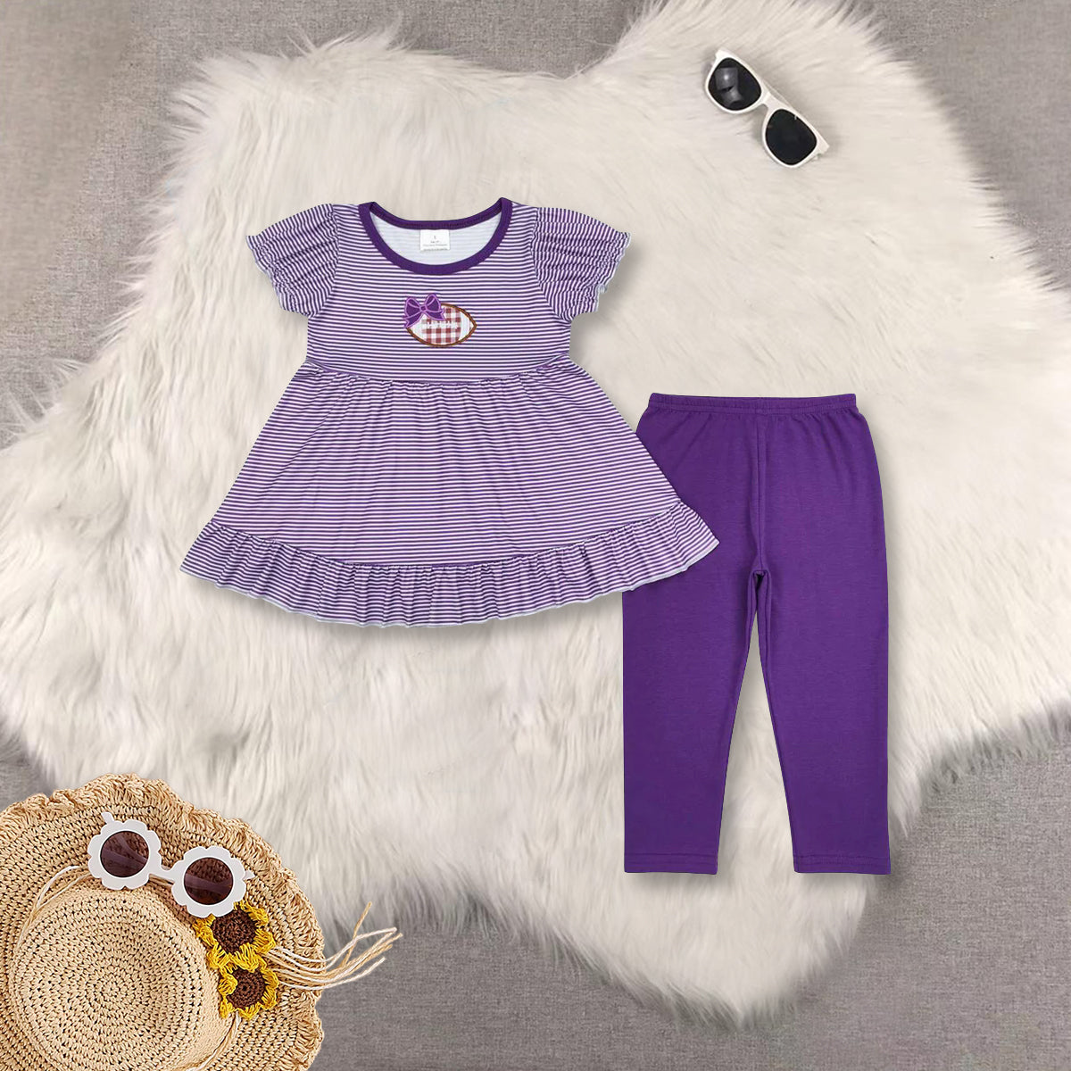 RTS NO MOQ Sibling Baby Girls Stripes embroidery Football Tunic Legging Clothes Sets