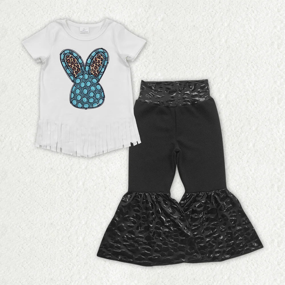 RTS NO MOQ Baby Girls Turquoise Short Sleeve Top Leopard Bell Pants Clothes Sets