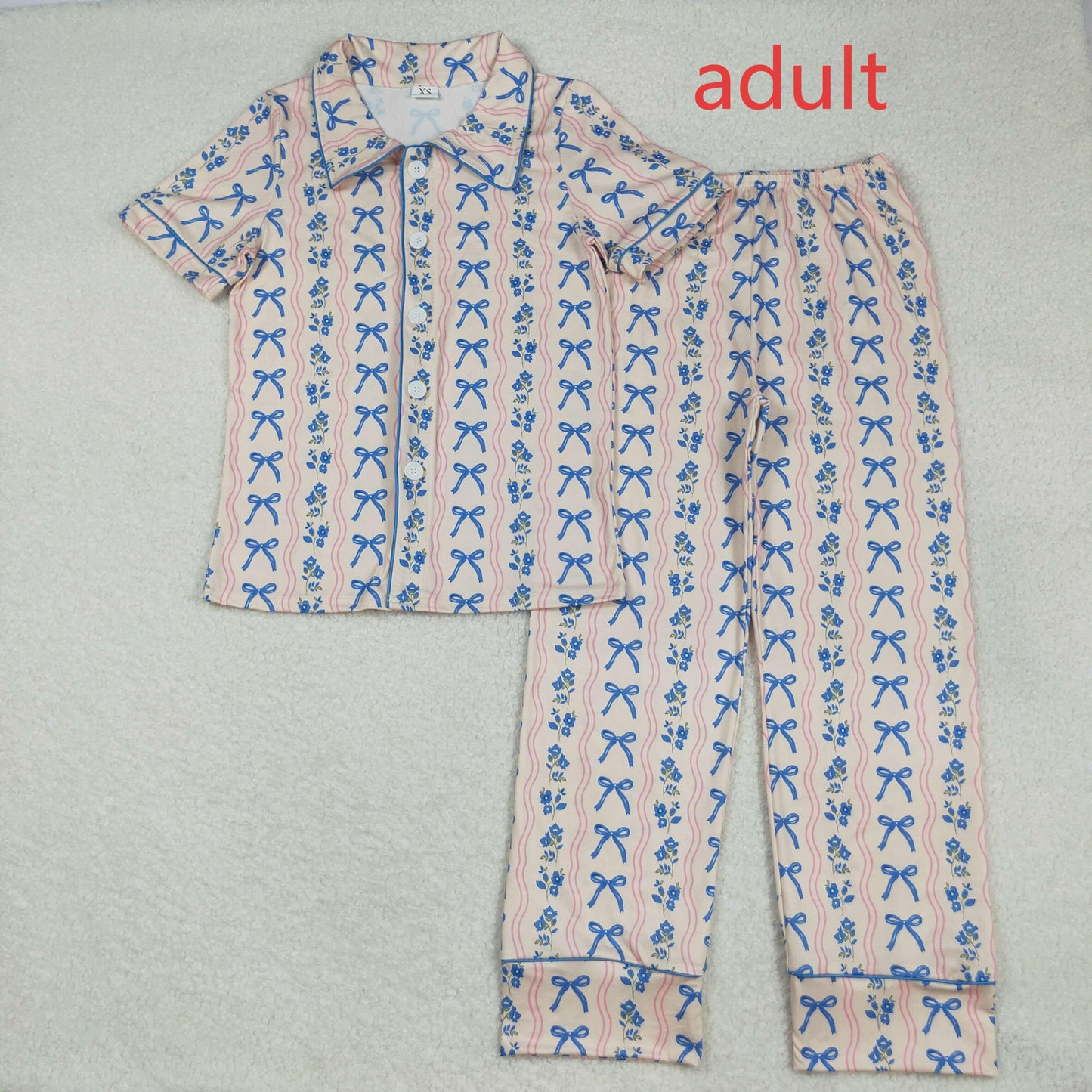 RTS NO MOQ(In Stock) GSPO2051 Adult women's short-sleeved, long-pants pajama set with floral, wavy lines, and a blue bow pattern
