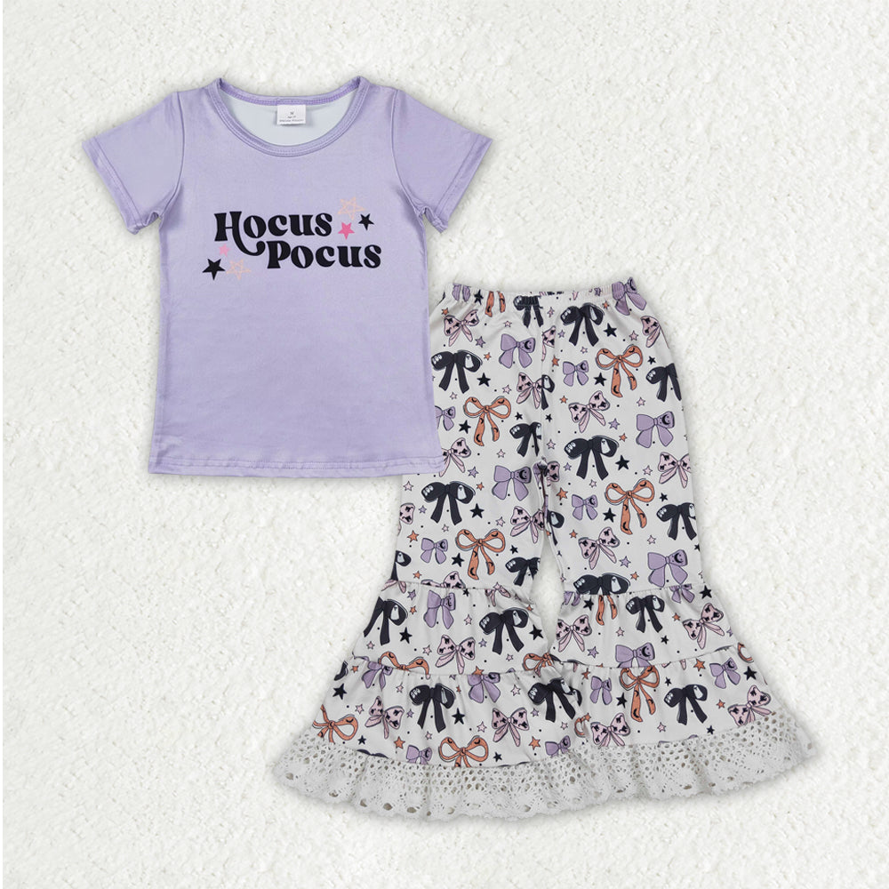 RTS NO MOQ(In Stock) GT0667+P0783 Hocus Pocus Purple Star Short-Sleeved Top Halloween Bow Pattern Star Lace Pants sets