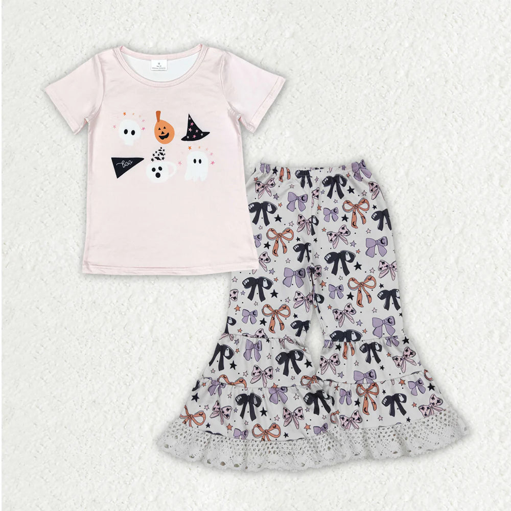 RTS NO MOQ Baby Girls Halloween Costume Set Ghost Pumpkins Top with Bows Lace Bell Bottom Outfit for Infants Toddler Girls