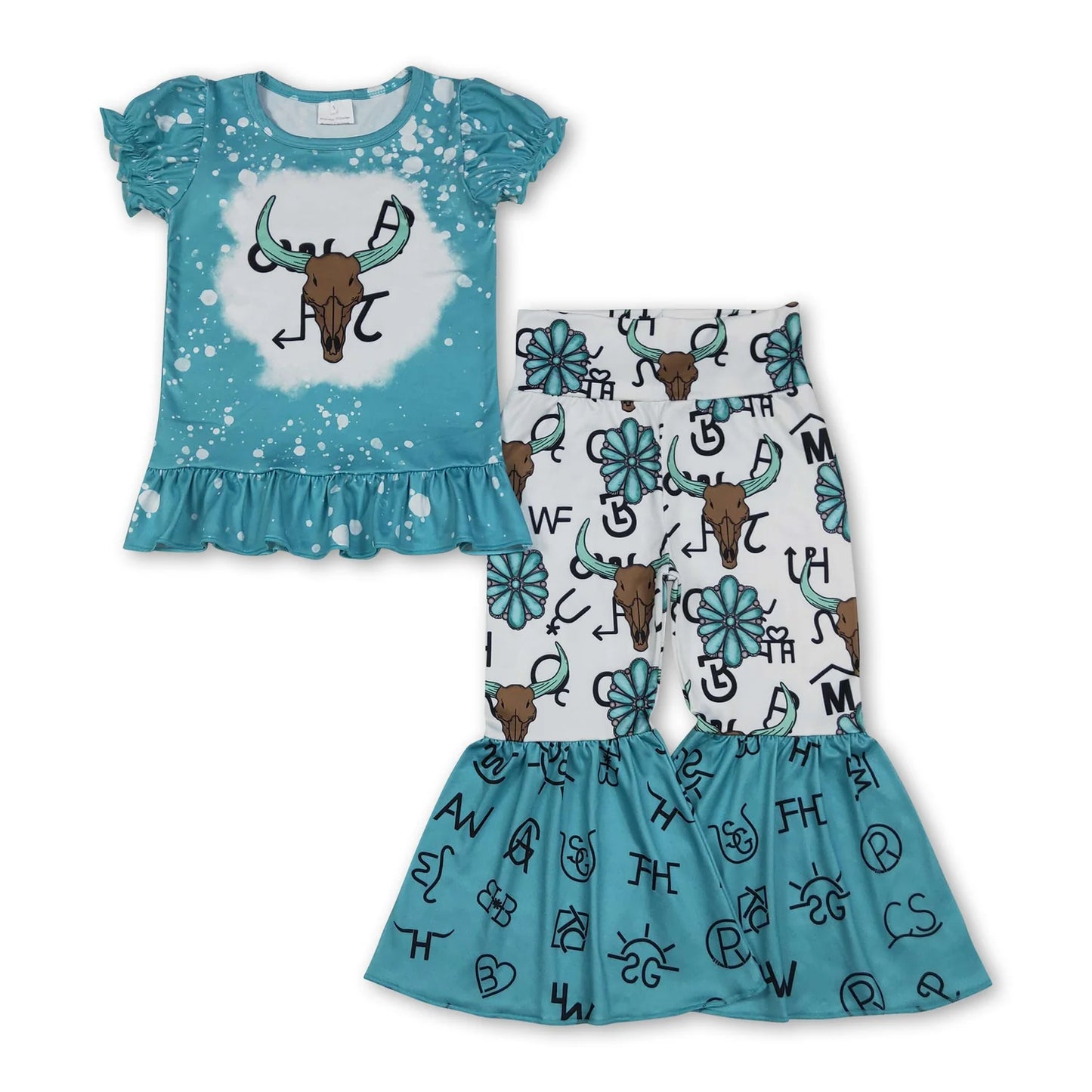 RTS NO MOQ Sibling milk silk Baby Girls Western Bull Skull Turquoise Top And Bell Bottom Pants Two Piece Outfit