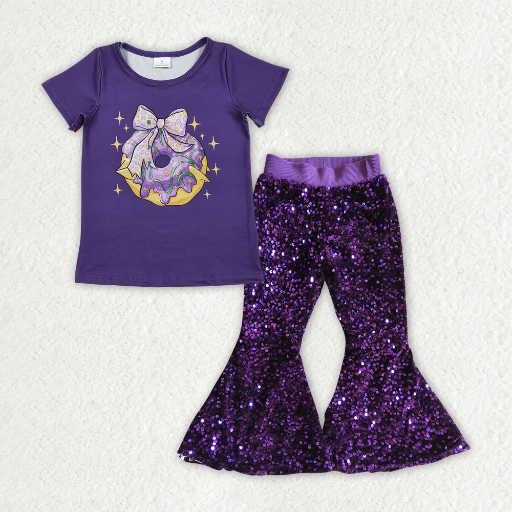 RTS NO MOQ(In Stock) GSPO2158 mardi gras bow short-sleeved top purple sequined pants set-GT1252+P0032