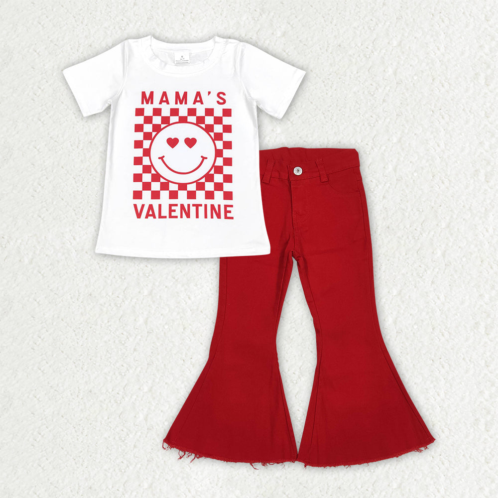 RTS NO MOQ(In Stock) Mama's Valentine Letter Smiley Face Red Plaid White Short-Sleeved Top Jeans set-GSPO2245