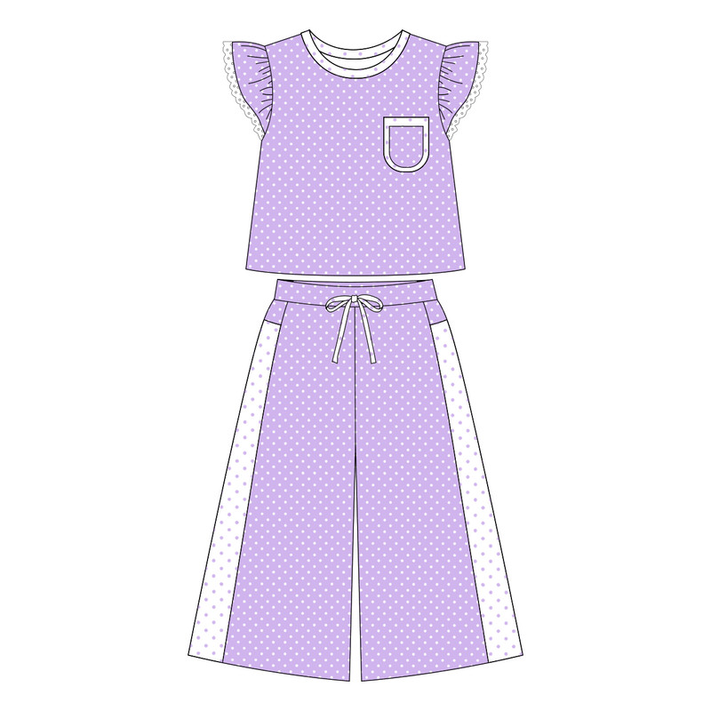 (Preorder new) No moq GSPO2328 Baby Girls Purple Polka Dots Print Pocket Long Sleeve Top Bell Bottom Flare Pants Set