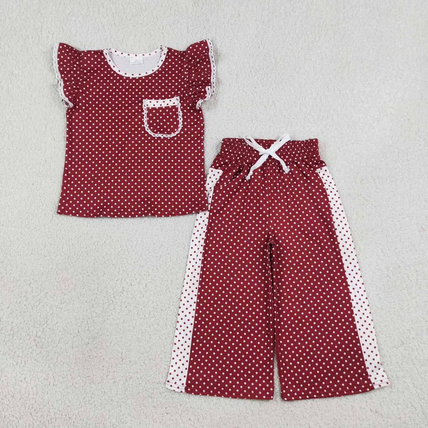RTS NO MOQ milk silk GSPO2329 Baby Girls Maroon Polka Dots Pocket Top Flare Pant Clothes Sets