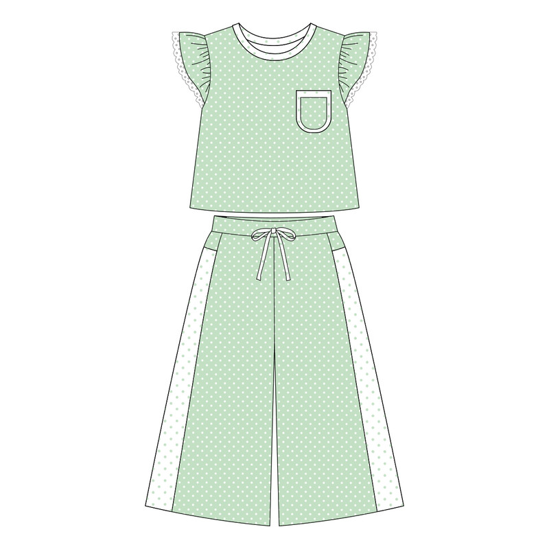 (Preorder new) No moq GSPO2332 Baby Girls Green Polka Dots Print Pocket Long Sleeve Top Bell Bottom Flare Pants Set
