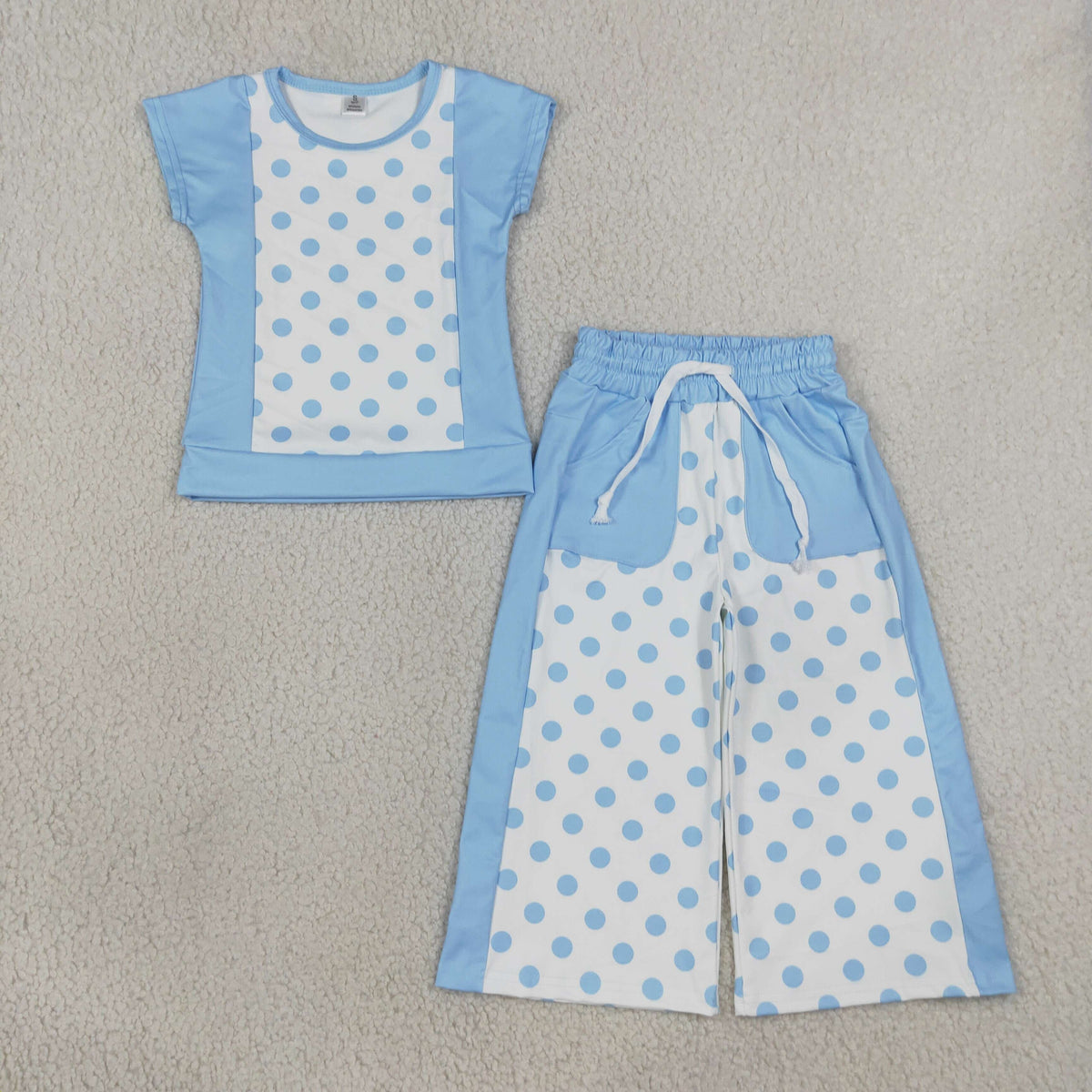 RTS NO MOQ Sibling yoga fabric Baby Girls Polka Dots Top Pockets Flare Pant Yoga Set