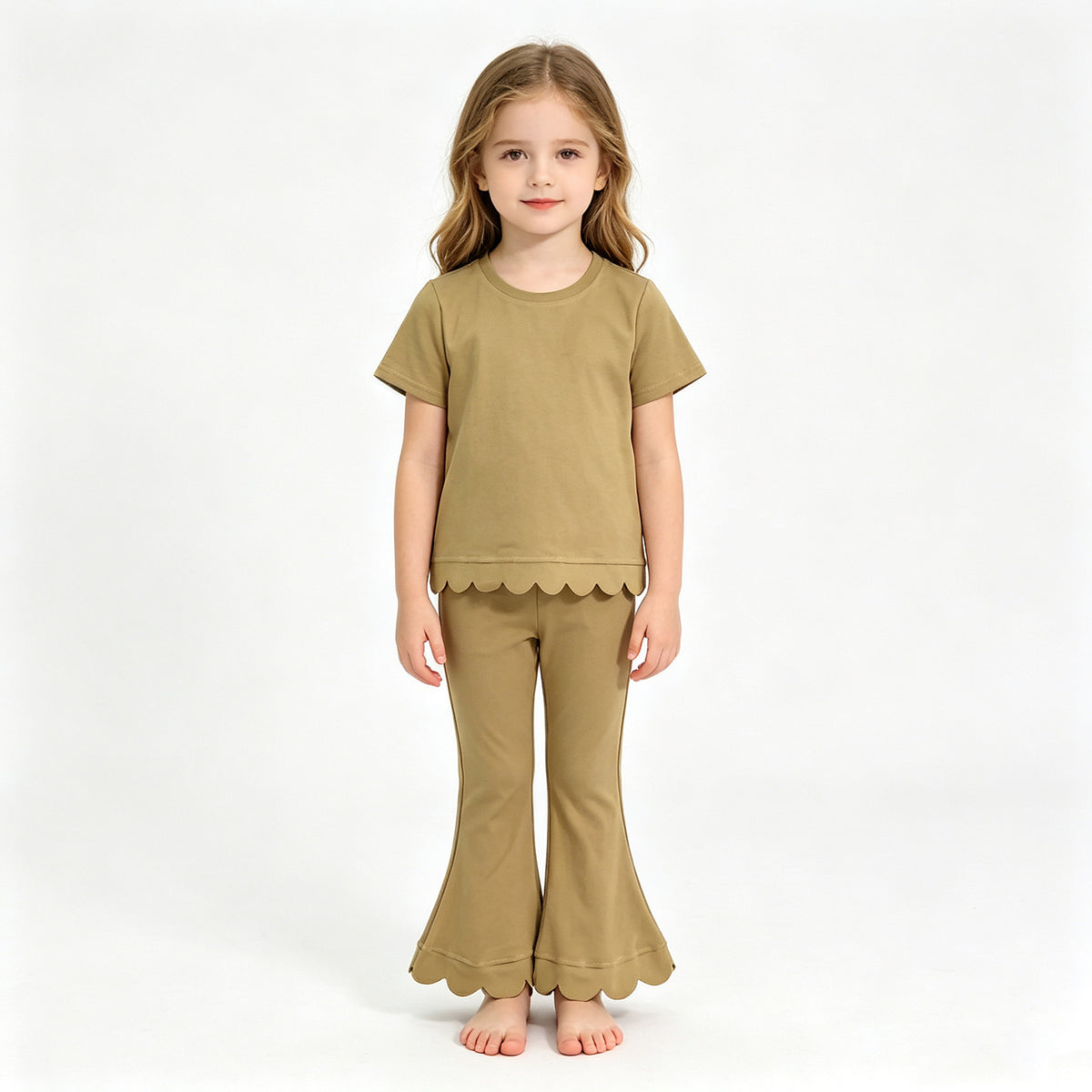 (Sample) No moq cotton GSPO2342(GT1772+P1080)Baby Girls Olive Short Sleeve Shirts Top Flare Pant Scallop Set