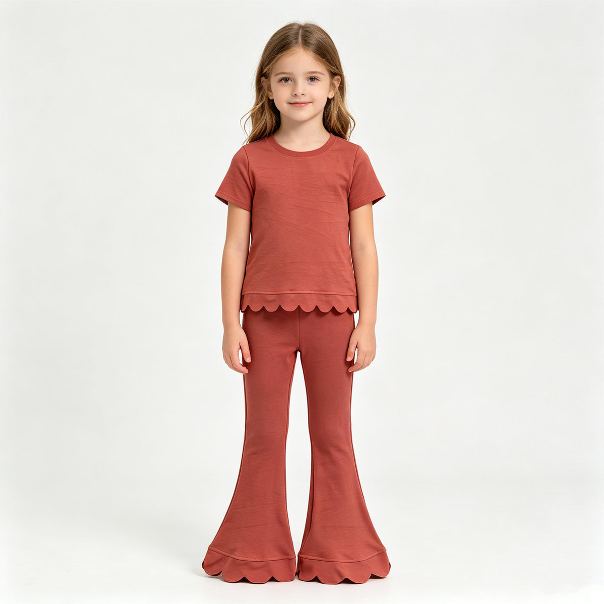 (Sample) No moq cotton GSPO2347(GT1777+P1085)Baby Girls Brown Short Sleeve Shirts Top Flare Pant Scallop Set