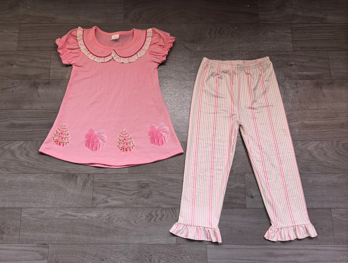 (Sample) No moq milk silk GSPO2356 Embroidery Gifts Trees Baby Girls Tunic Stripe Ruffle Pant Christmas Sets Holiday Wear