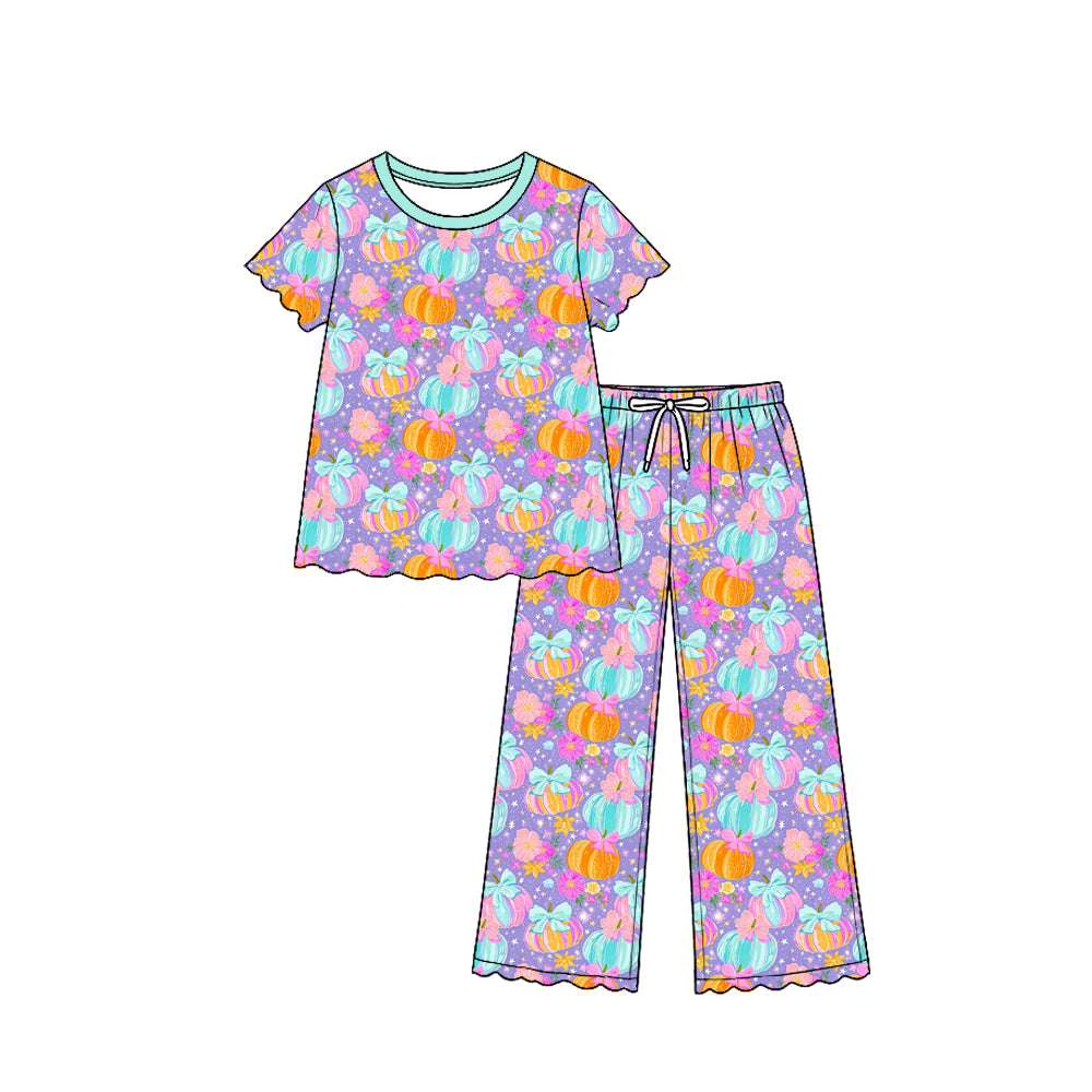 (Preorder new) No moq GSPO2364 Baby Girls Short Sleeve Colorful Flowers Pumpkins Print Top Pants Fall Scallop Trim Outfit Clothes Set