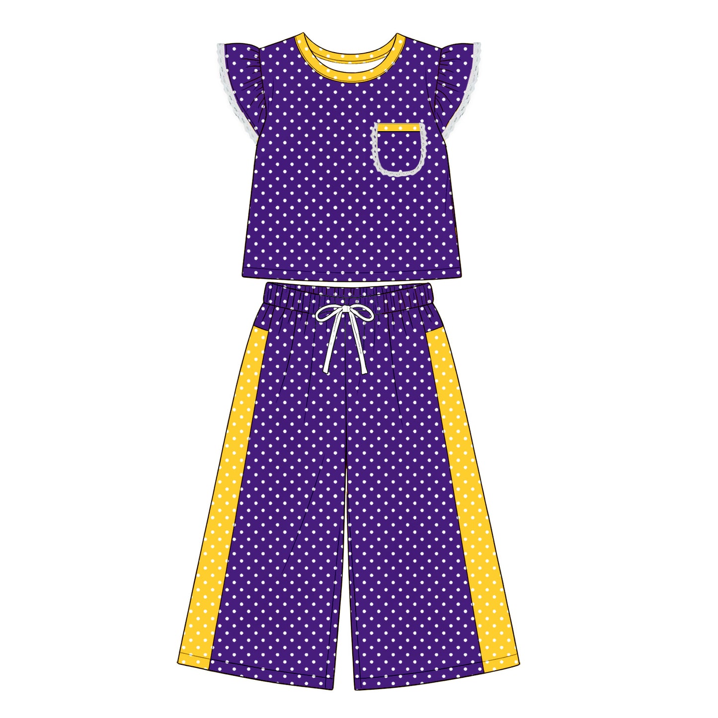 (Preorder new) No moq GSPO2366 Baby Girls Purple Polka Dots Pocket Top Flare Pant Clothes Set Spring Fall Casual Outfit