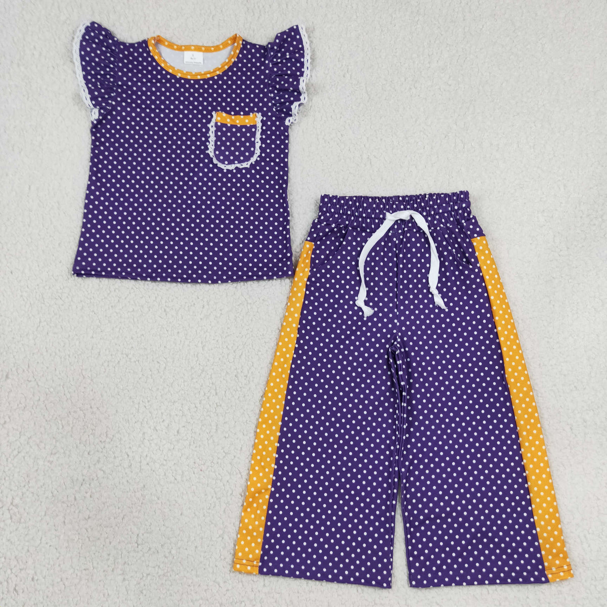 RTS NO MOQ Sibling milk silk Baby Girls Polka Dot Flutter Sleeve Top and Side Stripe Wide Leg Pants Set