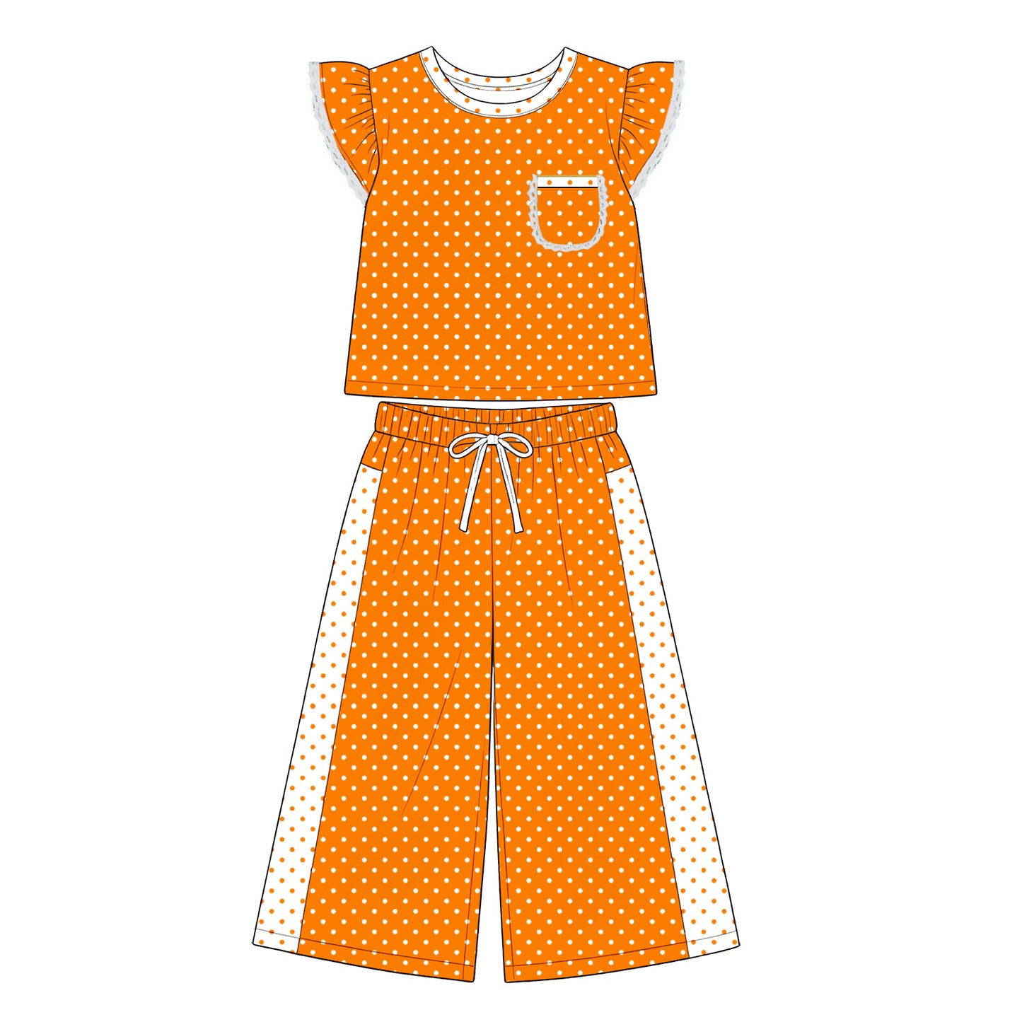 (Preorder new) No moq GSPO2367 Baby Girls Orange Polka Dots Pocket Top Flare Pant Clothes Set Spring Fall Casual Outfit