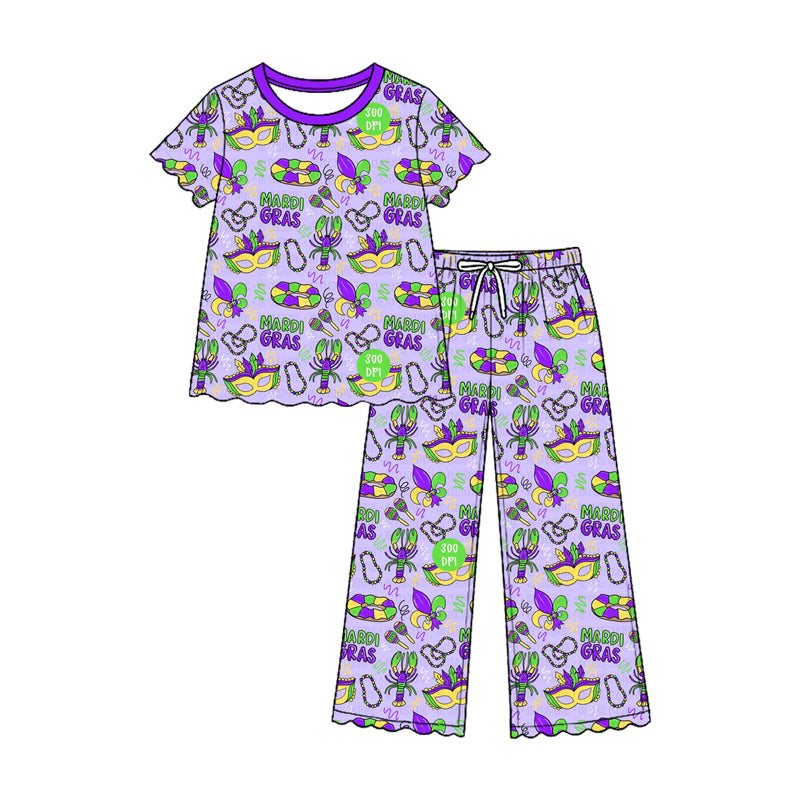 (Preorder new) No moq GSPO2373 Baby Kids Print Short Sleeve Ruffle Top Scallop Hem Long Pant Set