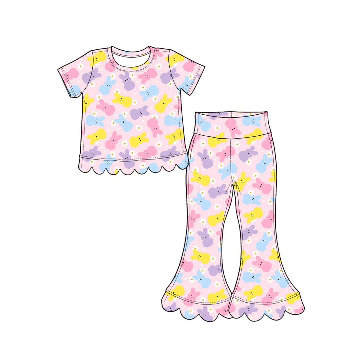 (Preorder new) No moq GSPO2377 Baby Girls Easter Pastel Bunny Daisy Print Short Sleeve Scallop Hem Top And Scallop Flare Bell Bottom Pants Set