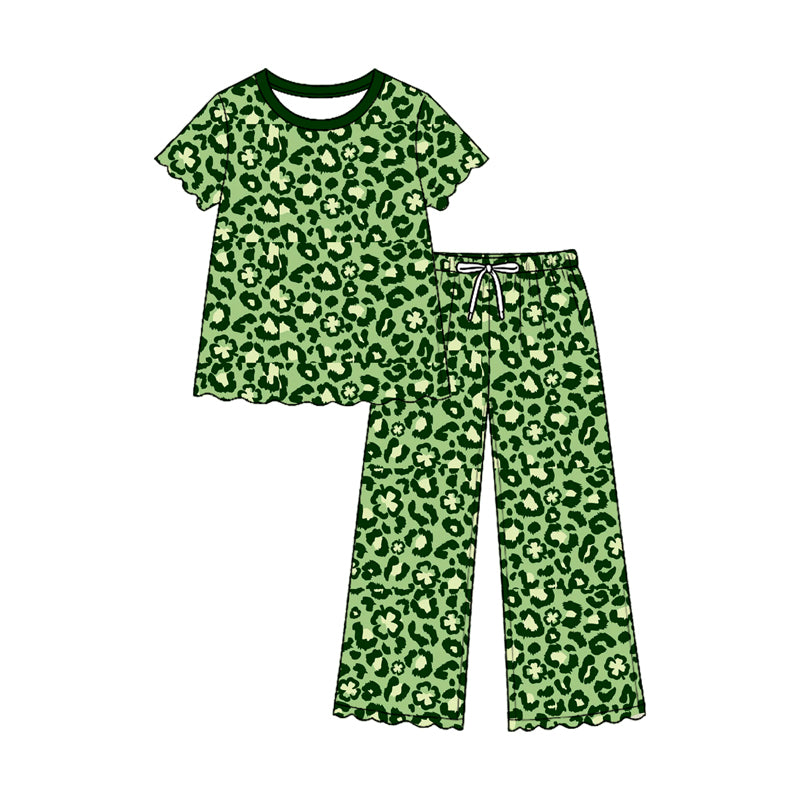 (Preorder new) No moq GSPO2381 Baby Kids Green Leopard Clover Print Scallop Edge Short Sleeve Top And Drawstring Wide Leg Pants Set