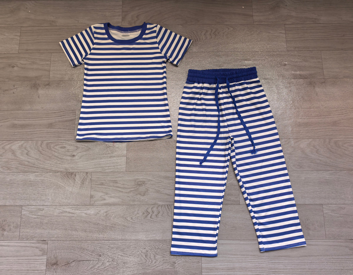 (Sample) No moq milk silk GSPO2385 Baby Girls Short Sleeve Blue Stripe Top Straight Pant Pajamas Clothes Set Night Sleep Wear