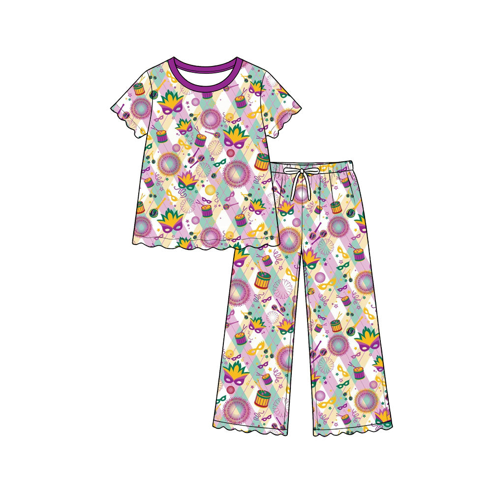 (Preorder new) No moq GSPO2396 Baby Girls Print Top Flare Pant Scallop Clothes Set
