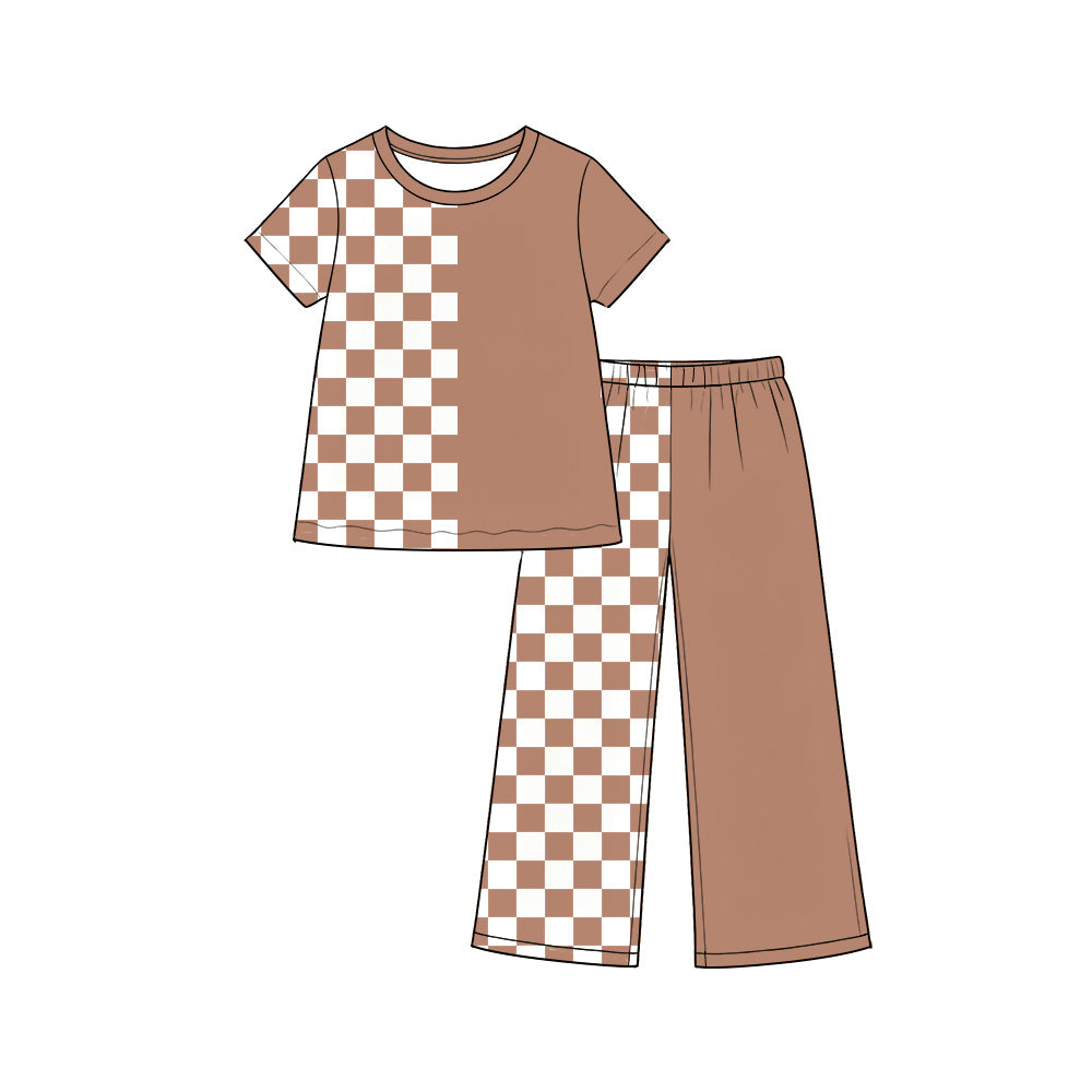 (Preorder new) No moq Baby Girls Half Print Solid Color Short Sleeve Top And Wide Leg Pant Set