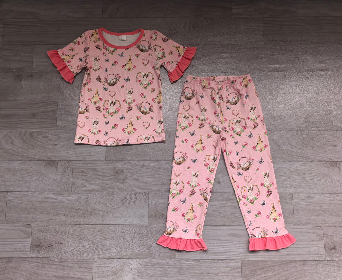 (Sample) No moq milk silk GSPO2406 Baby Girls Flowers Rabbits Easter Casual Short Sleeve Top Ruffle Short Nightwear Pajamas Set