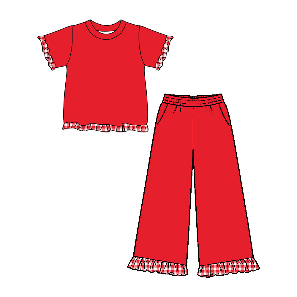 (Preorder new) No moq GSPO2408 Baby Girls Solid Red Short Sleeve Ruffle Top And Wide Leg Pants With Gingham Ruffle Hem Two Piece Set