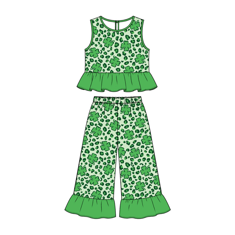 (Preorder new) No moq GSPO2426 Baby Girls Leopard Print Ruffle Sleeveless Wide Leg Pant Set