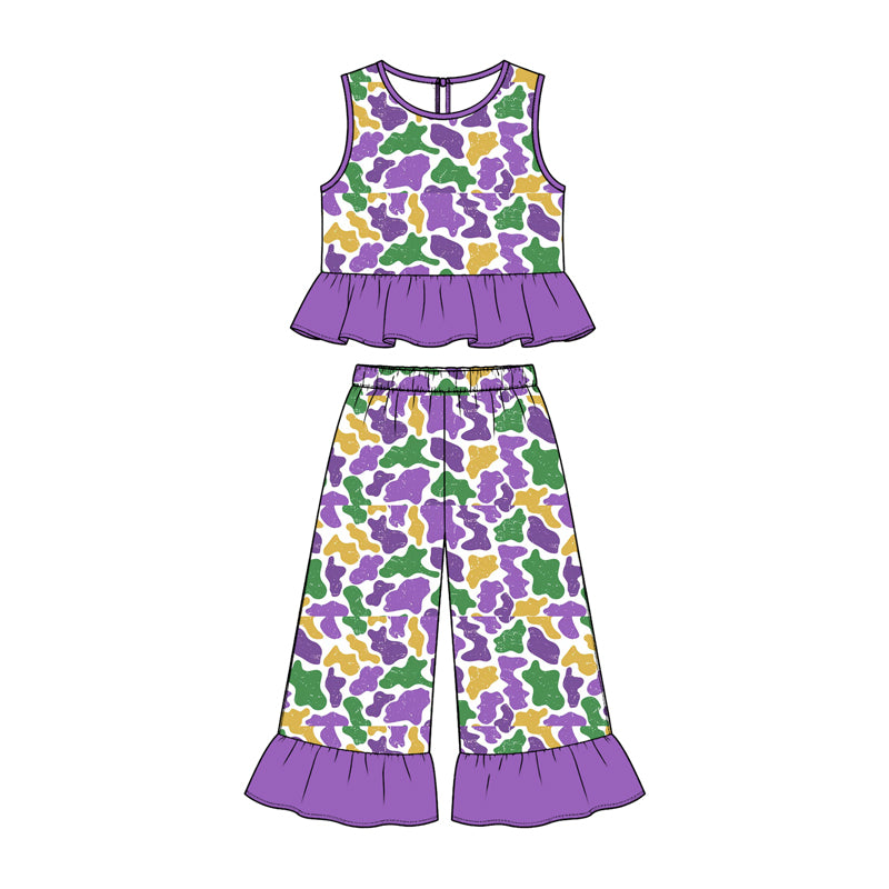 (Preorder new) No moq GSPO2427 Baby Girls Cow Print Ruffle Sleeveless Wide Leg Pant Set
