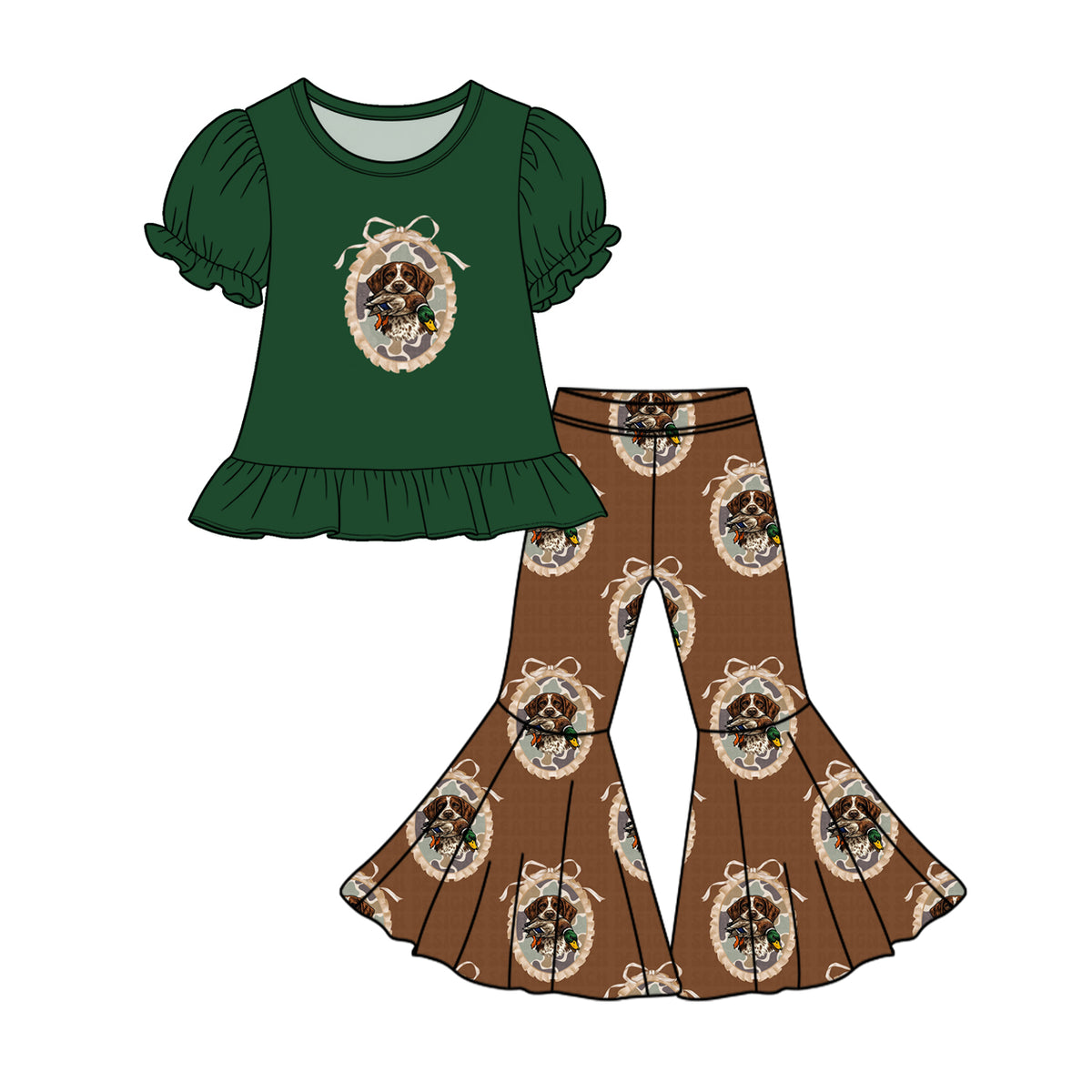 (Preorder new) No moq Baby Girls Green Puff Sleeve Dog Duck Graphic Top Brown Print Flare Pant Set Twirl Dress
