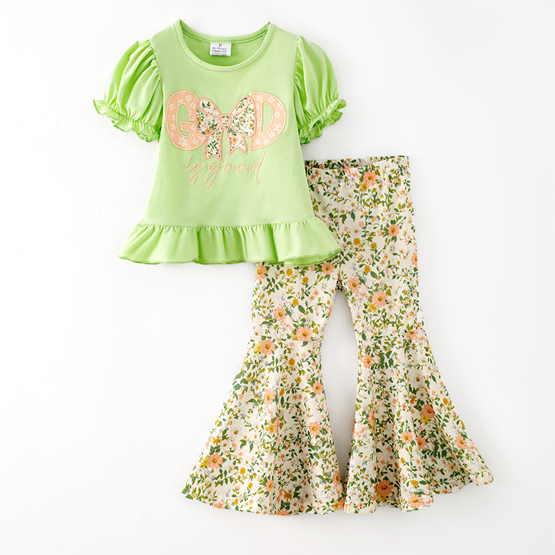 (Preorder new) No moq GSPO2430 Baby Girls Spring Floral Bow Tunic Top Elastic Waist Bell Bottom Pant Clothes Set