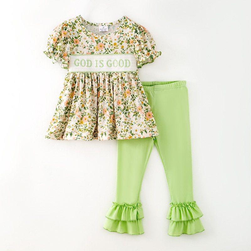 (Preorder new) No moq GSPO2431 Baby Girls Spring Floral God is Good Tunic Top Elastic Waist Ruffle Pant Clothes Set