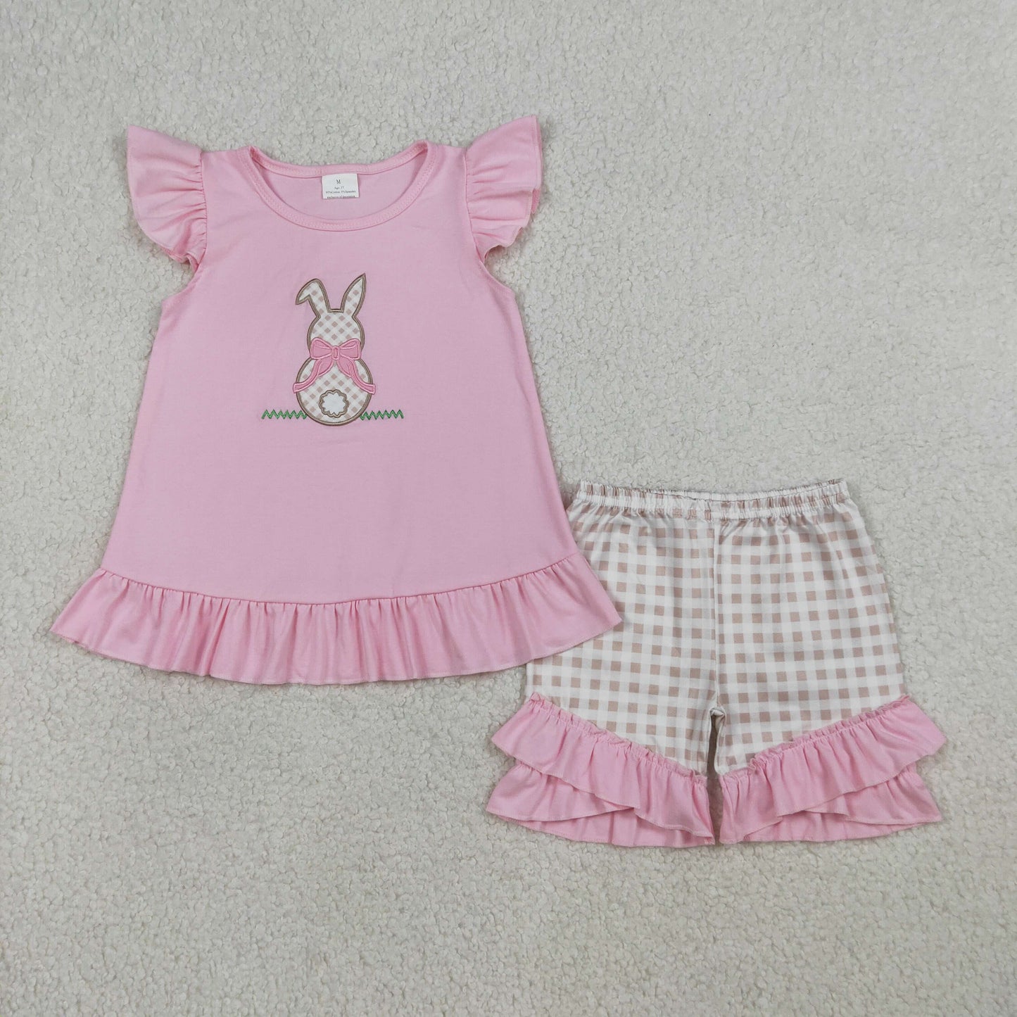 RTS NO MOQ Sibling Embroidery Rabbit Baby Girls Boys Top And Checked Shorts Set