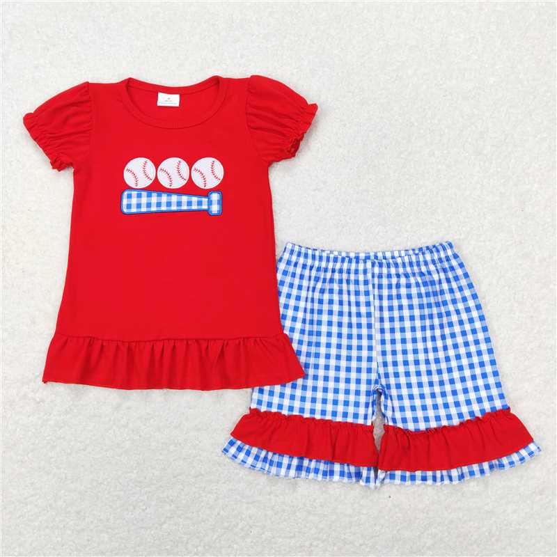 RTS baby girls clothes embroidery baseball Short Sleeve rompers set