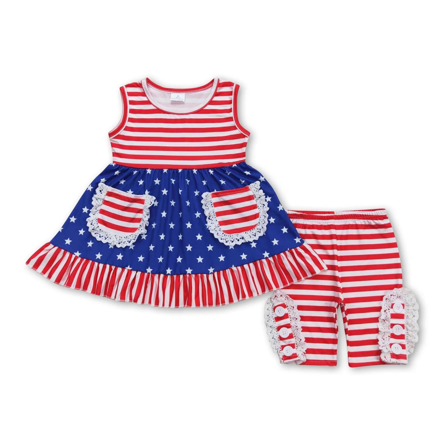 RTS NO MOQ Sibling milk silk Baby Boys And Girls Blue Short Sleeves Star Print Shirt Red Stripe Shorts Set Rompers Dresses 4th Of July Clothes